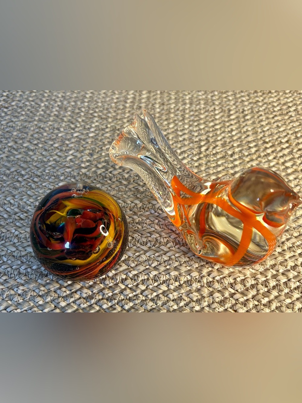 Vintage Art Glass Bird Figurine & Swirl Paperweight Set